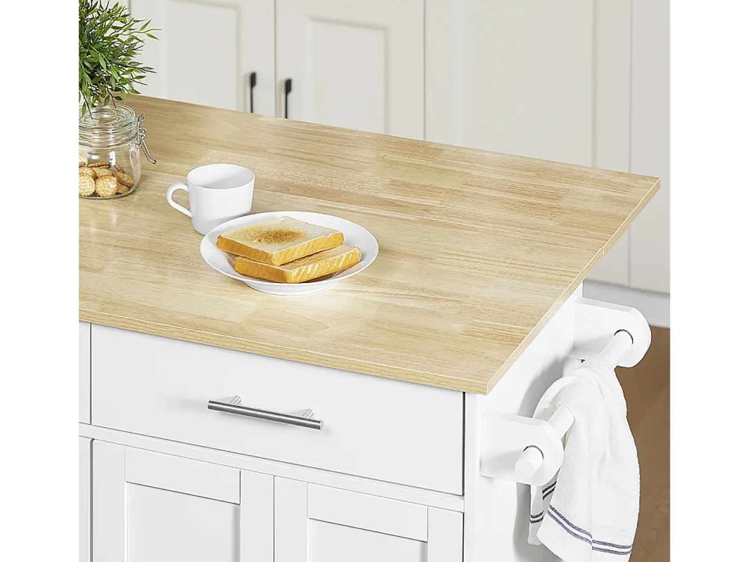 SoBuy carrito de cocina con ruedas encimera de madera extensible 2 cajones estantes ajustables blanco 113x91x44-69 cm