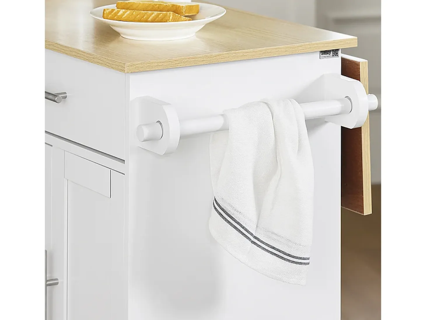 SoBuy carrito de cocina con ruedas encimera de madera extensible 2 cajones estantes ajustables blanco 113x91x44-69 cm
