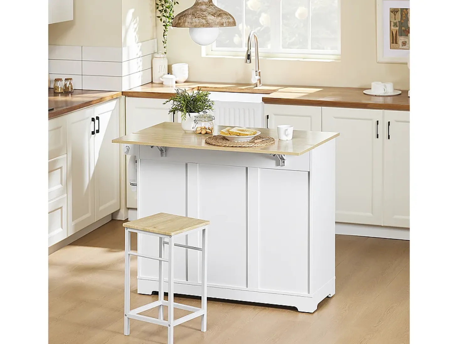 SoBuy carrito de cocina con ruedas encimera de madera extensible 2 cajones estantes ajustables blanco 113x91x44-69 cm