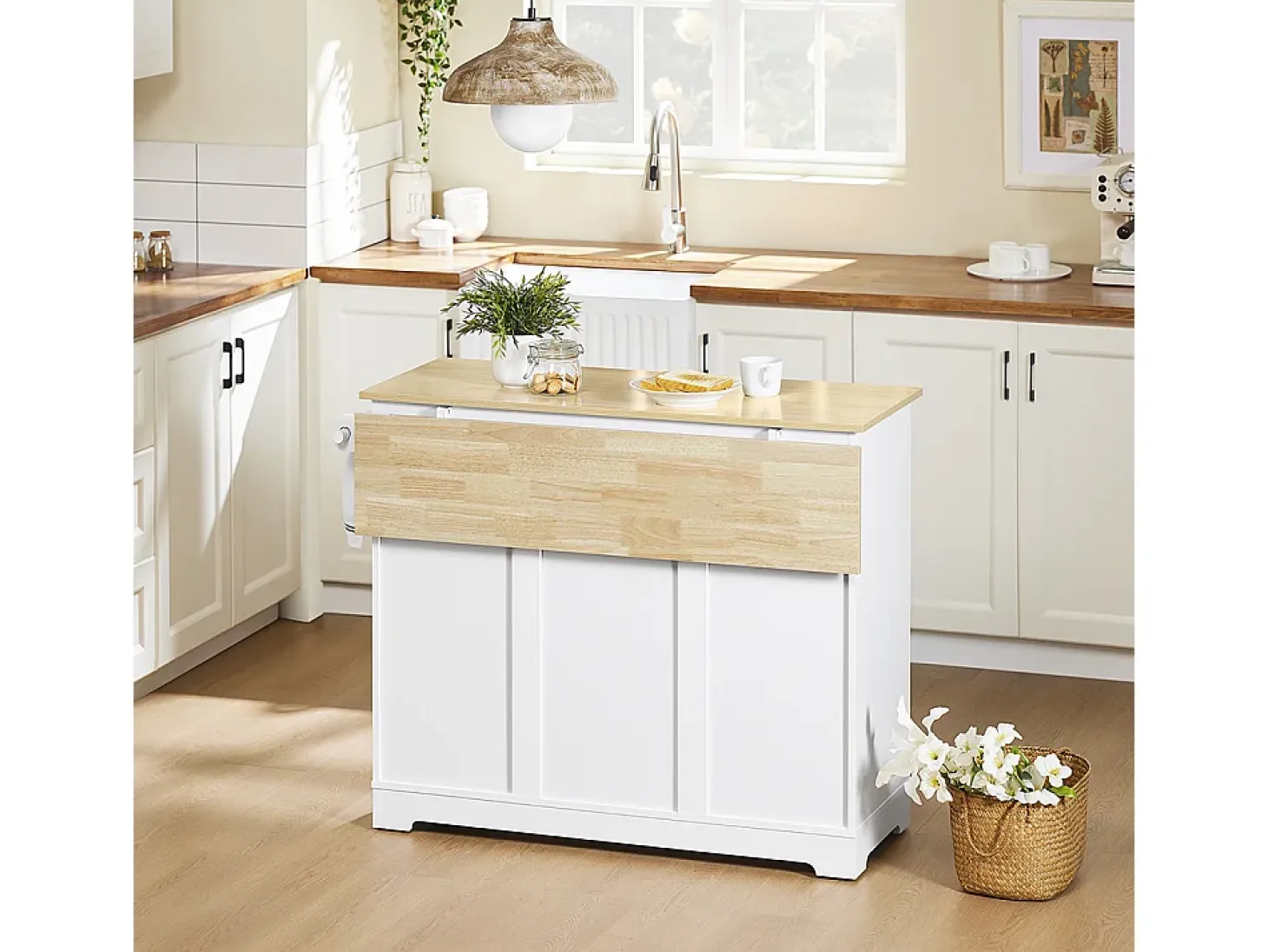 SoBuy carrito de cocina con ruedas encimera de madera extensible 2 cajones estantes ajustables blanco 113x91x44-69 cm