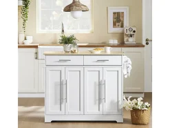 SoBuy carrito de cocina con ruedas encimera de madera extensible 2 cajones estantes ajustables blanco 113x91x44-69 cm