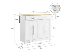 SoBuy carrito de cocina con ruedas encimera de madera extensible 2 cajones estantes ajustables blanco 113x91x44-69 cm