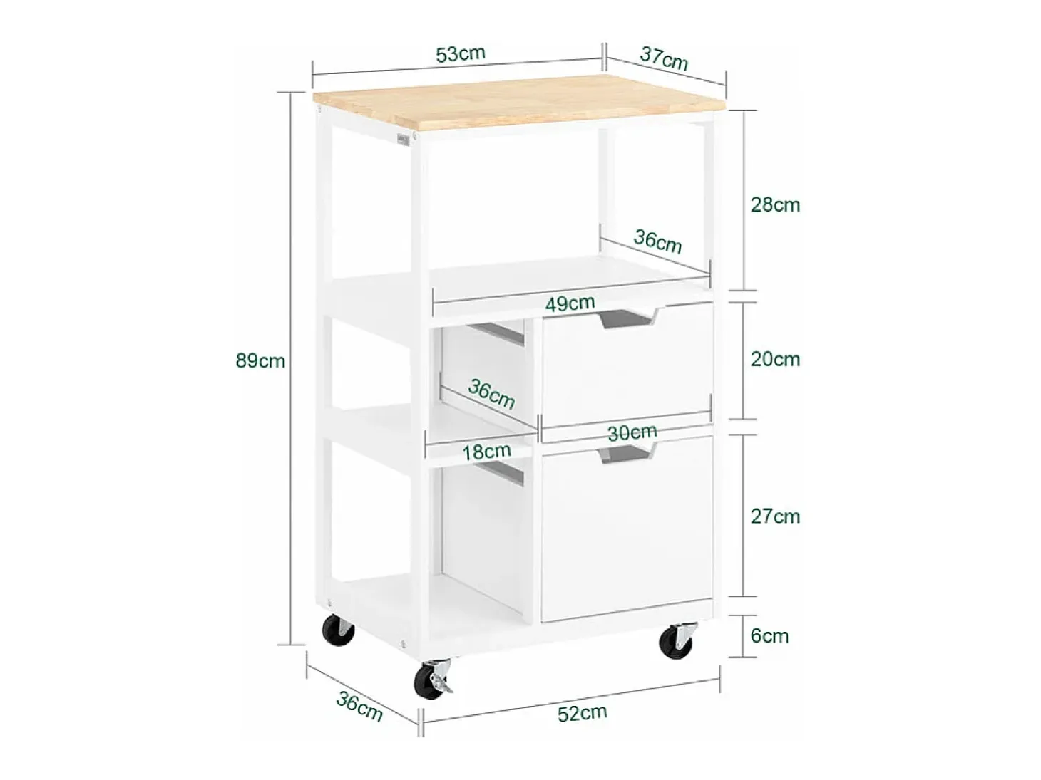 SoBuy FKW111-WN Carro de Almacenamiento con 2 Cajones y 3 Estantes 52 x 36 x 89 cm
