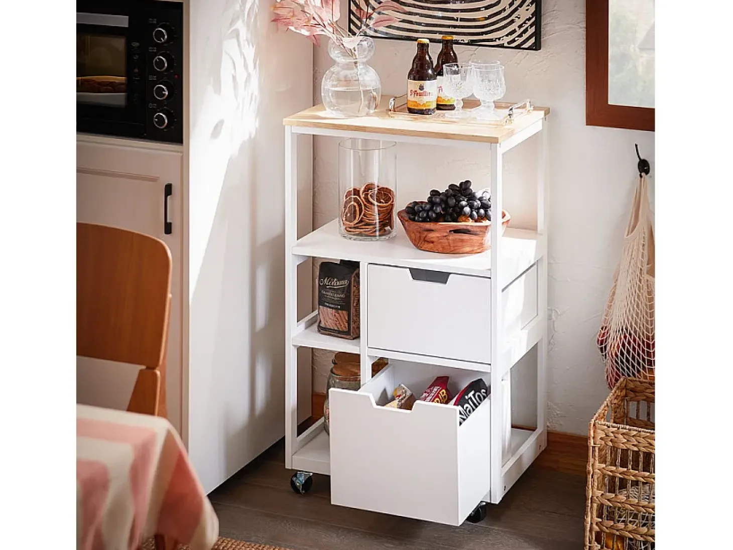SoBuy FKW111-WN Carro de Almacenamiento con 2 Cajones y 3 Estantes 52 x 36 x 89 cm
