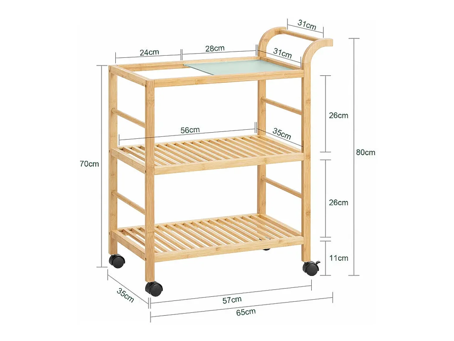 SoBuy SVW24-N Carrito Múltiuso para Cocina con 3 Estantes y 1 Tablero de Cristal 65 x 35 x 80 cm