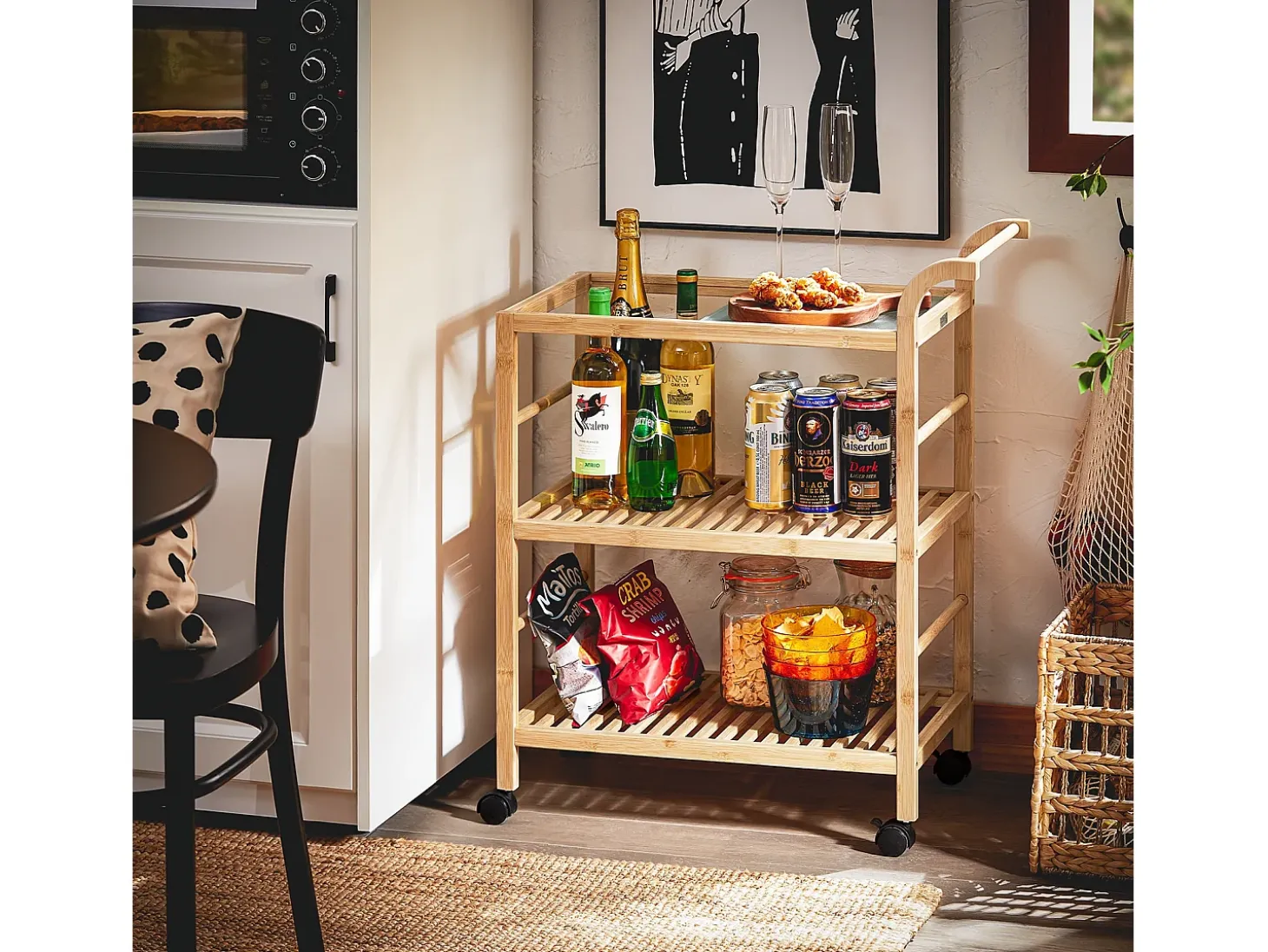 SoBuy SVW24-N Carrito Múltiuso para Cocina con 3 Estantes y 1 Tablero de Cristal 65 x 35 x 80 cm