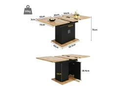 Tabla de comedor extensible 6 a 8 personas, con estante de almacenamiento ajustable, MDF natural y negro, 110/140x70cm