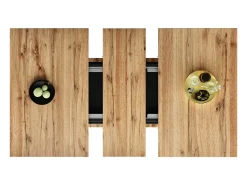 Tabla de comedor extensible 6 a 8 personas, con estante de almacenamiento ajustable, MDF natural y negro, 110/140x70cm