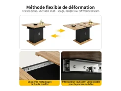 Tabla de comedor extensible 6 a 8 personas, con estante de almacenamiento ajustable, MDF natural y negro, 110/140x70cm