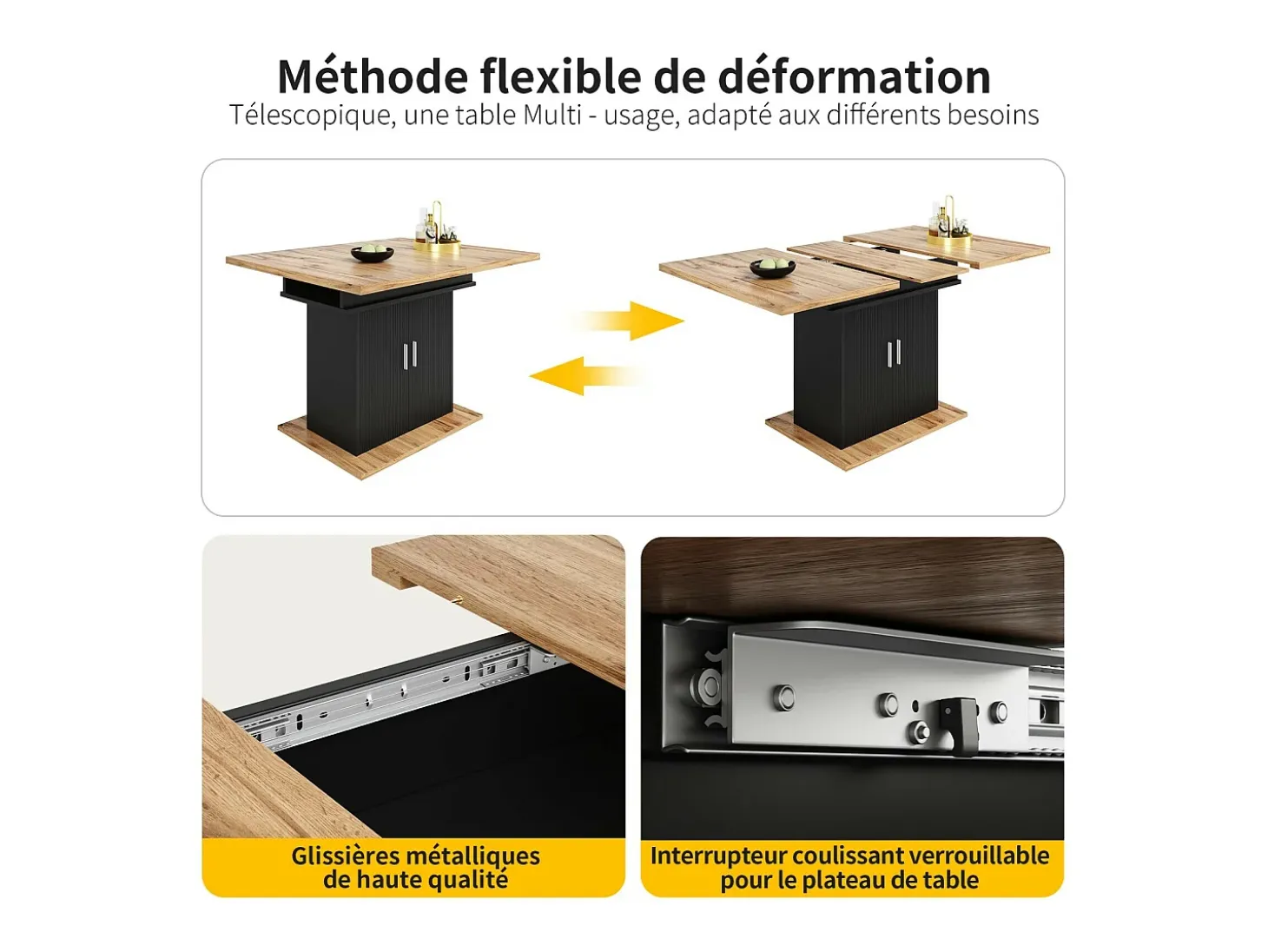 Tabla de comedor extensible 6 a 8 personas, con estante de almacenamiento ajustable, MDF natural y negro, 110/140x70cm