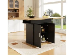 Tabla de comedor extensible 6 a 8 personas, con estante de almacenamiento ajustable, MDF natural y negro, 110/140x70cm