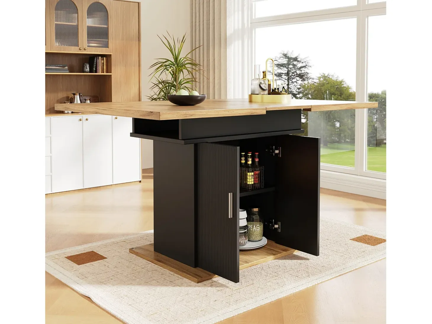 Tabla de comedor extensible 6 a 8 personas, con estante de almacenamiento ajustable, MDF natural y negro, 110/140x70cm