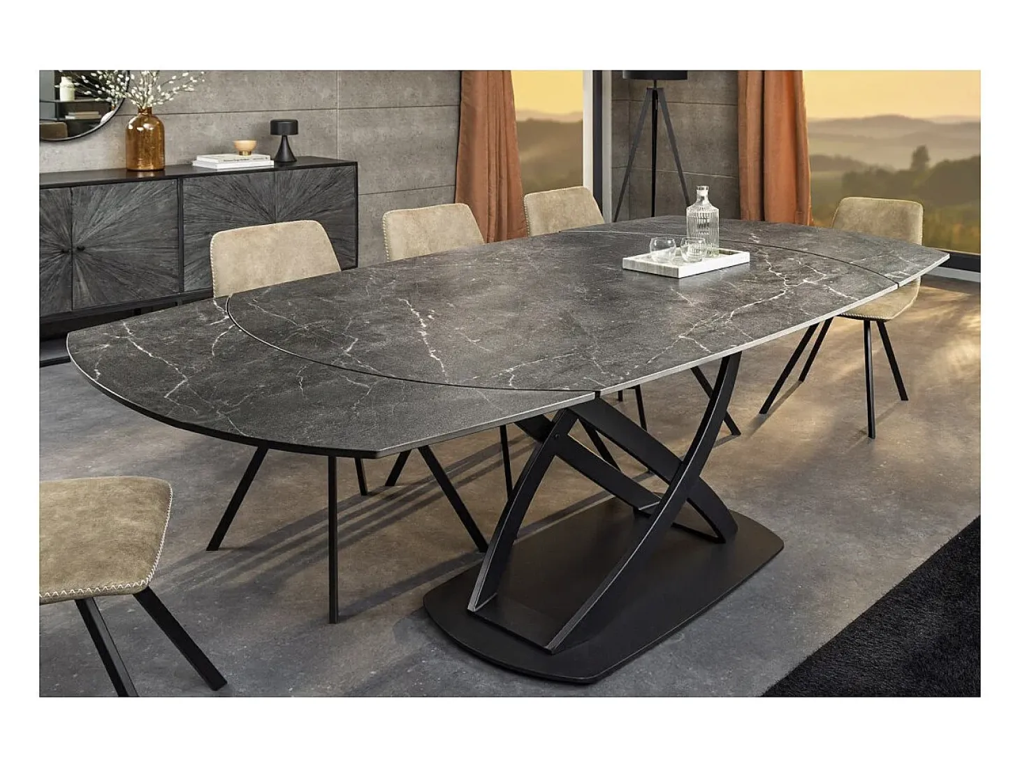 Table ATONIA – Oval extensible 130 a 190 cm – Tablero de cerámica efecto mármol antracita – Patas de metal – Estilo moderno