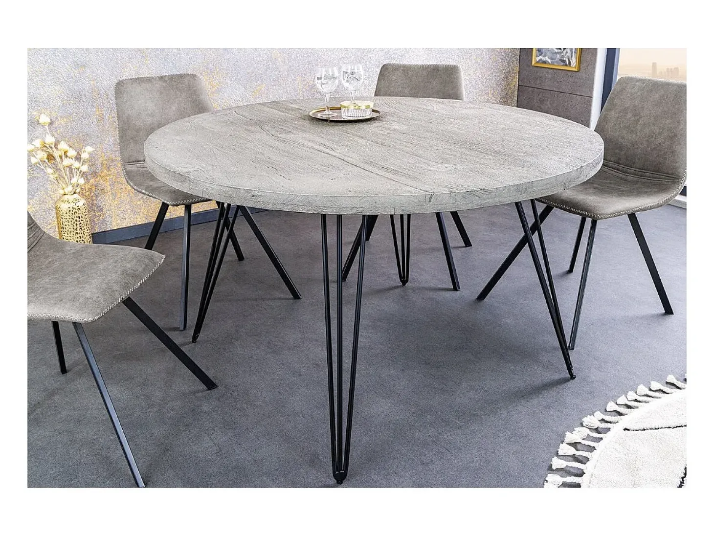 Table SILVA - Madera de mango gris y metal negro - 80 cm - Forma redonda - Estilo contemporáneo