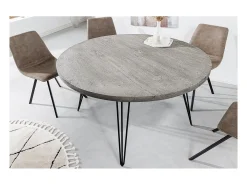 Table SILVA - Madera de mango gris y metal negro - 80 cm - Forma redonda - Estilo contemporáneo