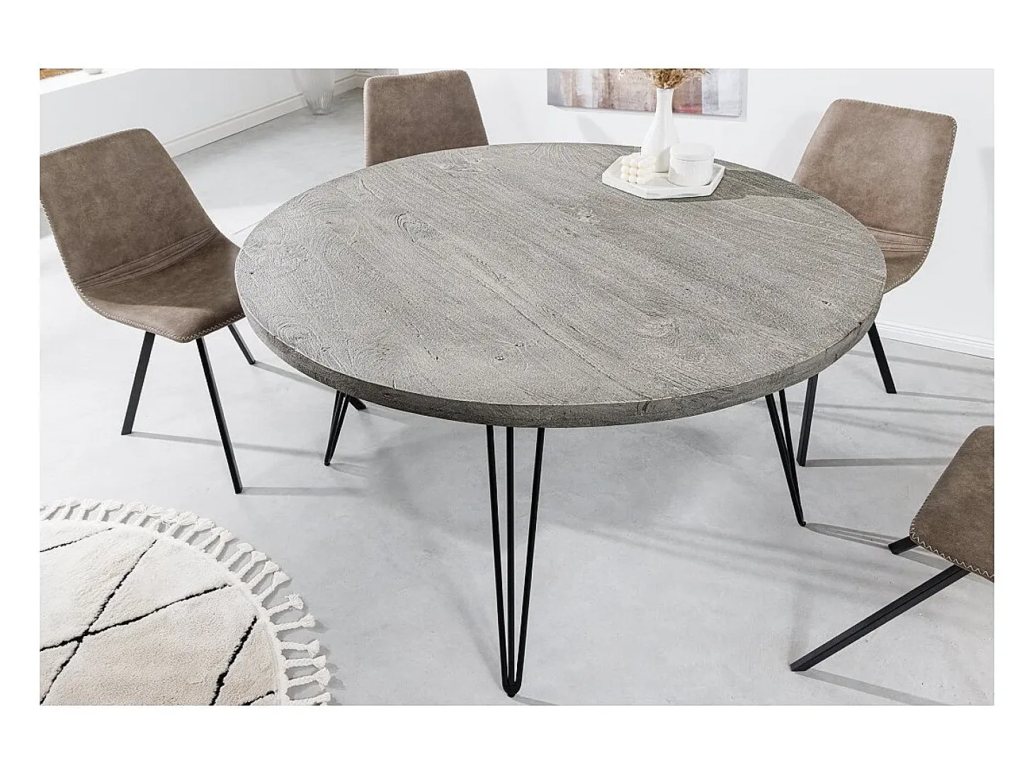 Table SILVA - Madera de mango gris y metal negro - 80 cm - Forma redonda - Estilo contemporáneo