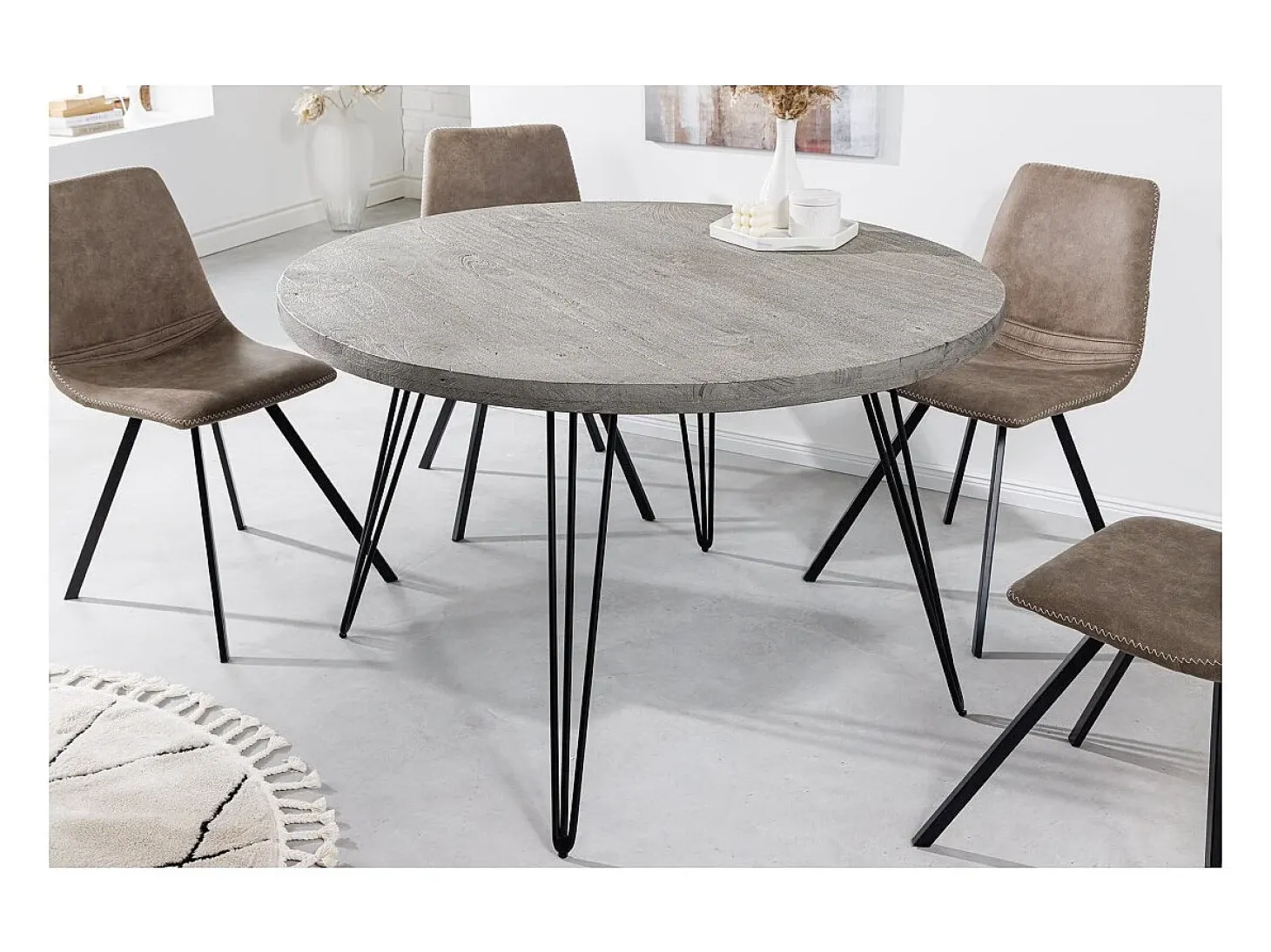 Table SILVA - Madera de mango gris y metal negro - 80 cm - Forma redonda - Estilo contemporáneo