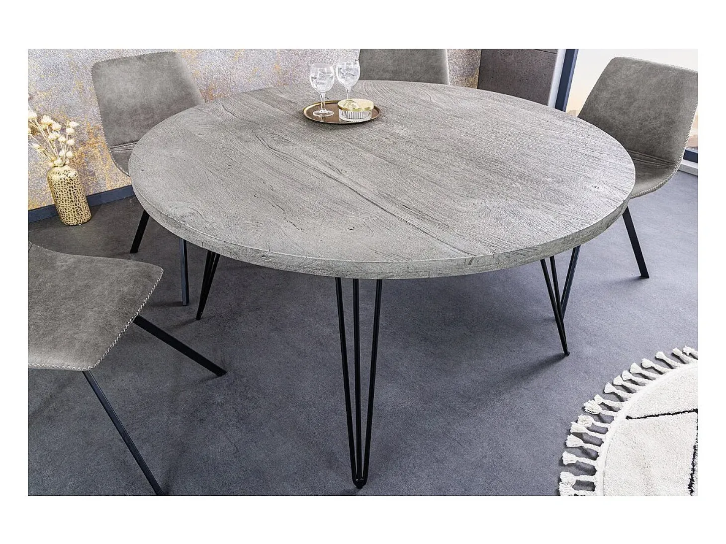 Table SILVA - Madera de mango gris y metal negro - 80 cm - Forma redonda - Estilo contemporáneo