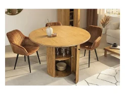 Table YONA – Redonda diámetro 120 cm – Madera maciza de mango barnizada – Con almacenamiento integrado – Estilo rústico