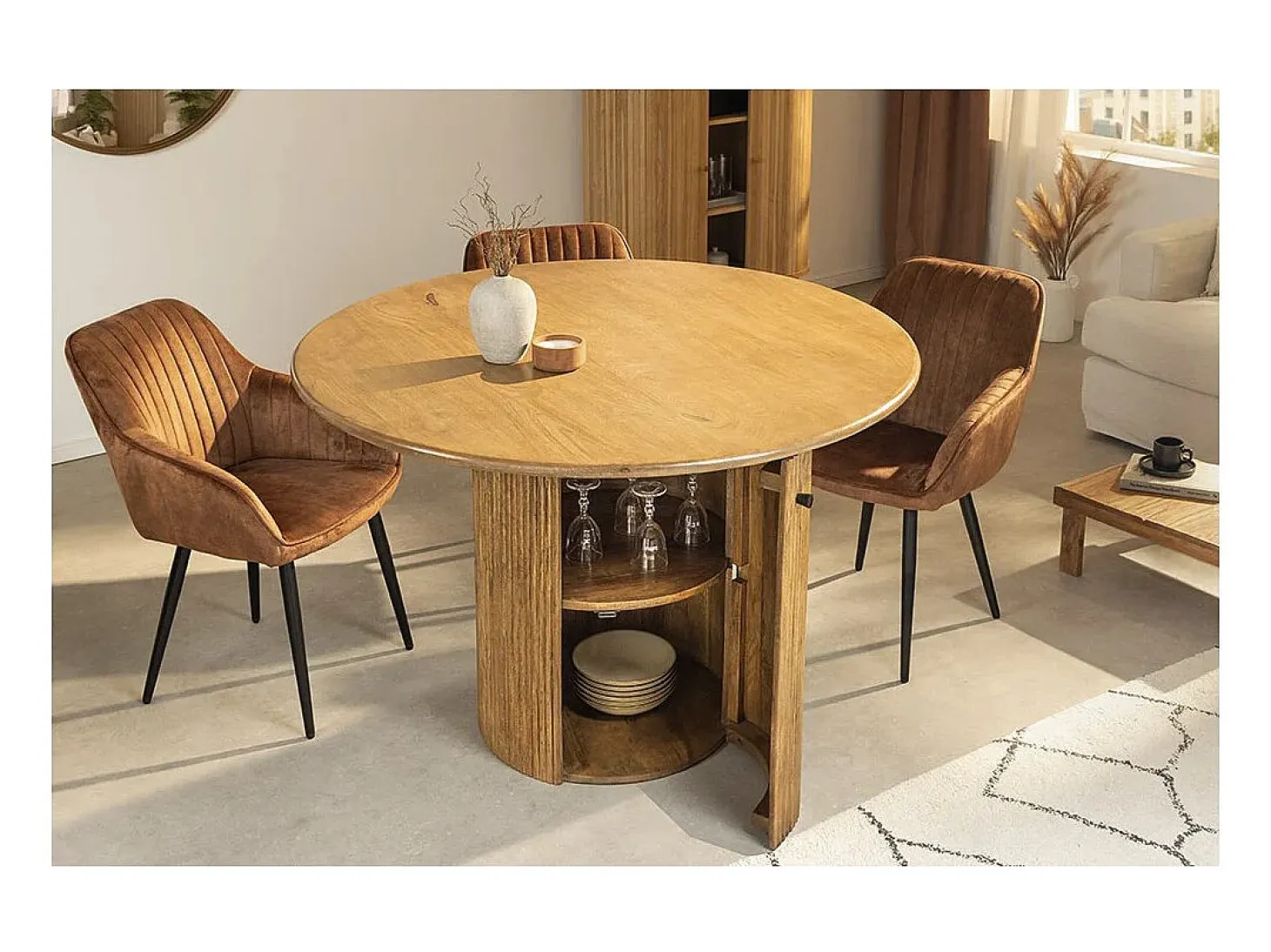 Table YONA – Redonda diámetro 120 cm – Madera maciza de mango barnizada – Con almacenamiento integrado – Estilo rústico