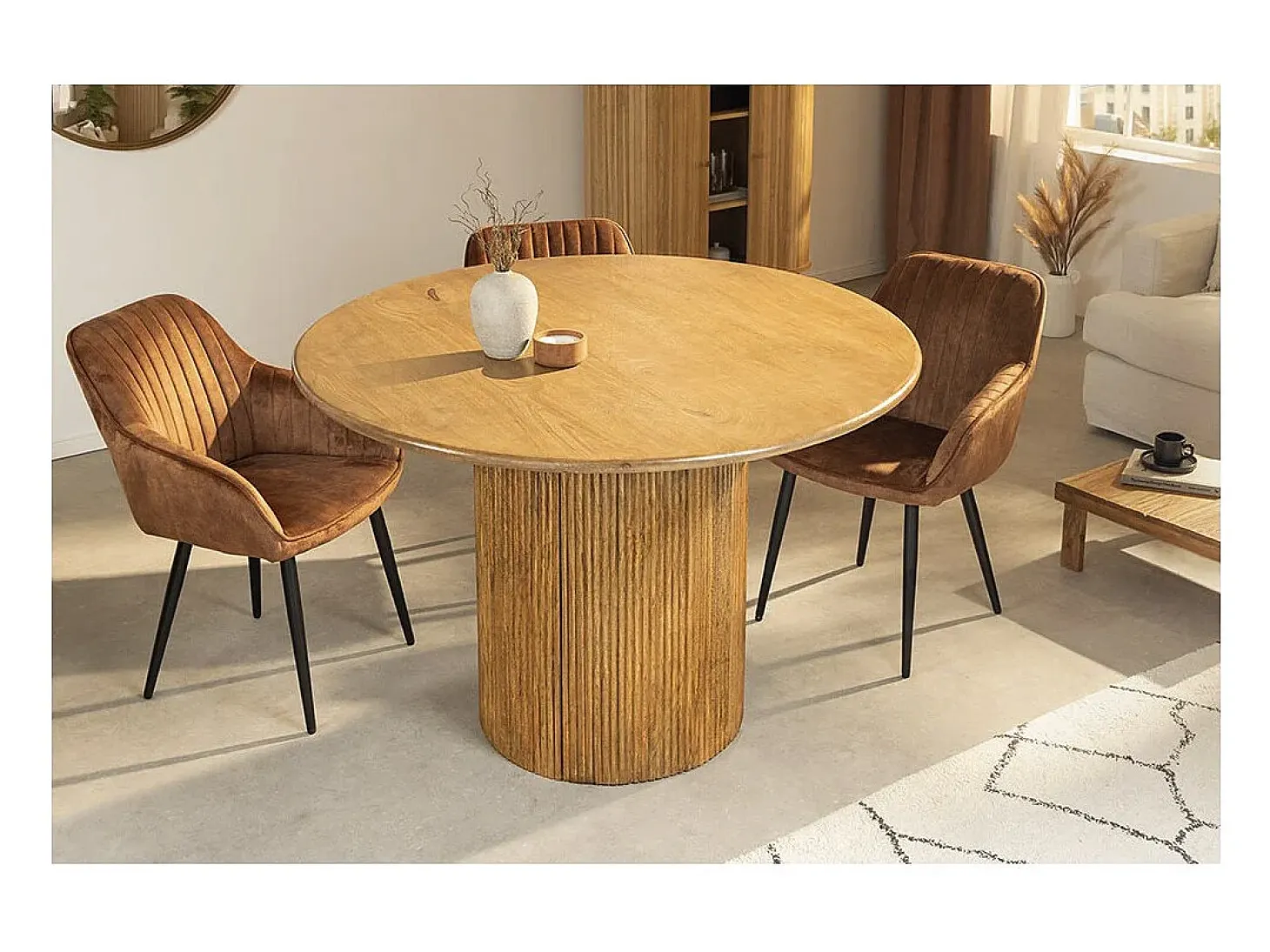 Table YONA – Redonda diámetro 120 cm – Madera maciza de mango barnizada – Con almacenamiento integrado – Estilo rústico