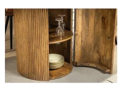 Table YONA – Redonda diámetro 120 cm – Madera maciza de mango barnizada – Con almacenamiento integrado – Estilo rústico