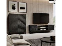Tablero alto de 2 puertas Emile negro mate y madera con efecto 3D