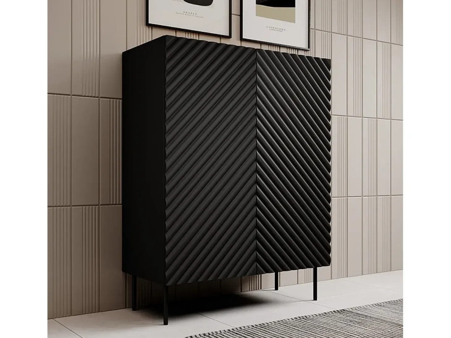 Tablero alto de 2 puertas Emile negro mate y madera con efecto 3D