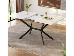 Tablero de comedor extensible blanco 120/160 cm, 4 a 6 personas, en MDF y metal, mesa rectangular