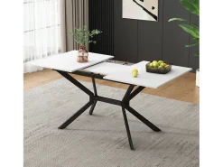 Tablero de comedor extensible blanco 120/160 cm, 4 a 6 personas, en MDF y metal, mesa rectangular