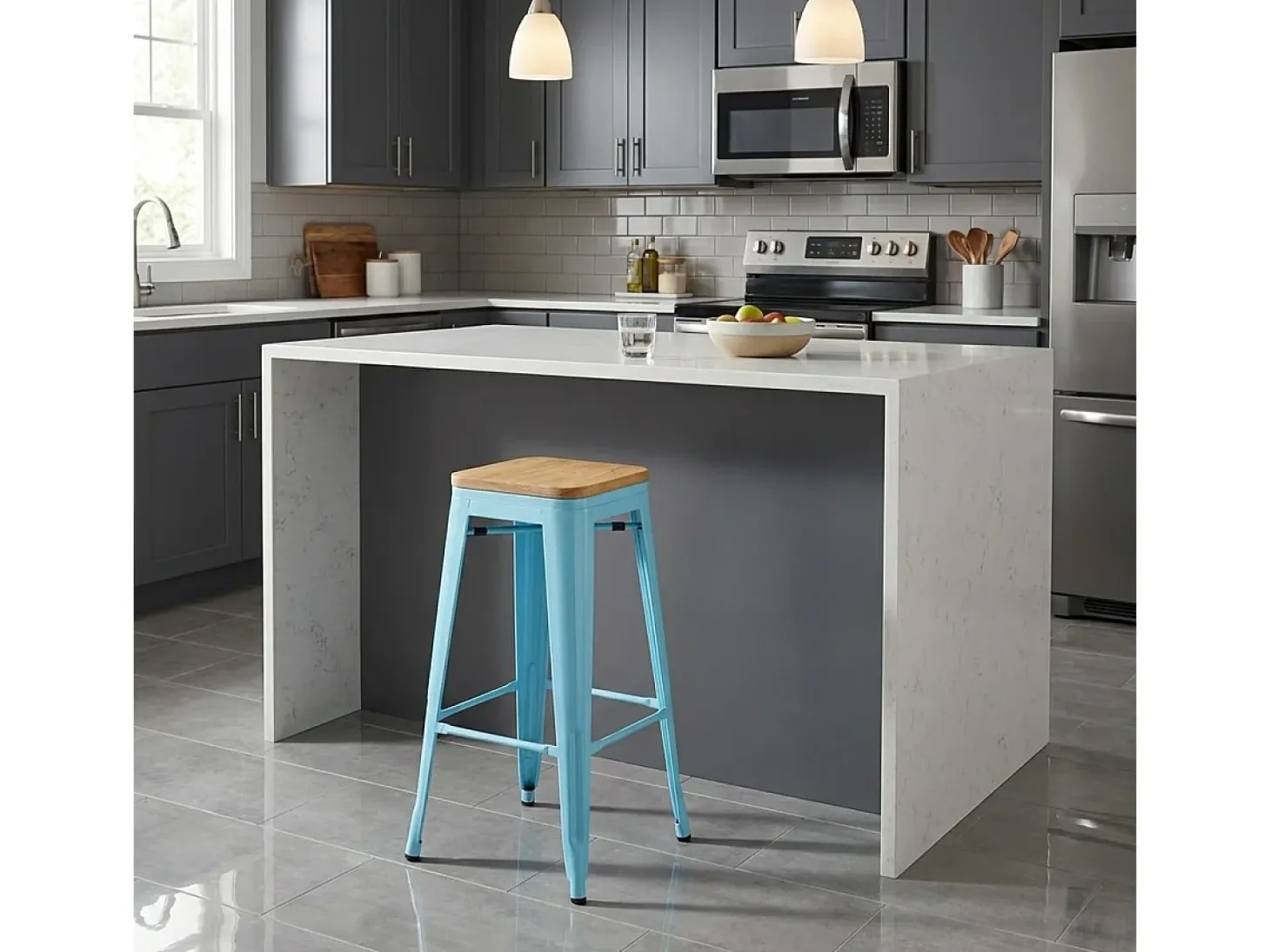 taburete alto bar cocina 78 cm industrial madera steel up wood - Azul