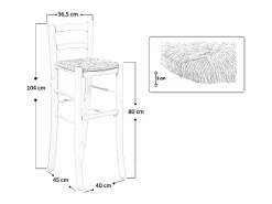 Taburete alto de bar en madera cruda para pintar h 80 cm asiento de paja