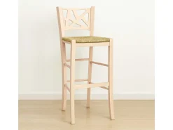 Taburete alto de bar Sissy en madera cruda para pintar, altura 73 cm, con asiento de paja