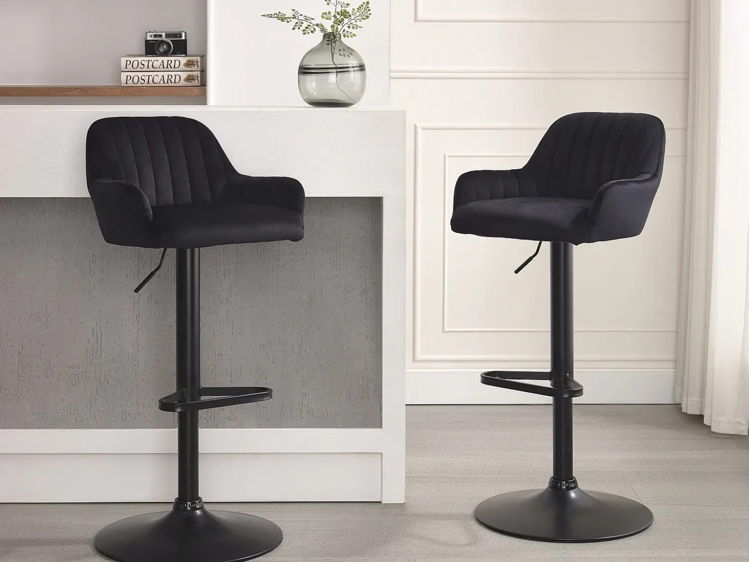 Taburete alto de terciopelo y metal - Altura ajustable - Negro - ELEANA