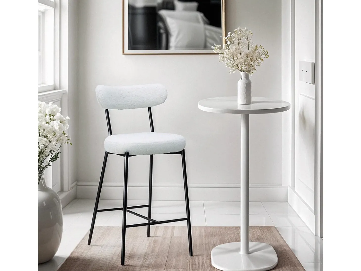 Taburete alto moderno para cocina con respaldo de tela bouclé blanco Opos