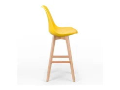 Taburete alto nórdico con cojín de piel sintética amarillo limón y patas de haya clara Tula 76 cm