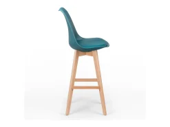 Taburete alto nórdico con cojín de piel sintética azul pato y patas de haya clara Tula 76 cm