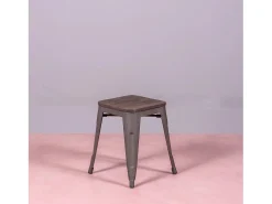 Taburete bajo industrial en acero envejecido y asiento de madera (45cm) - Bistro - Antique