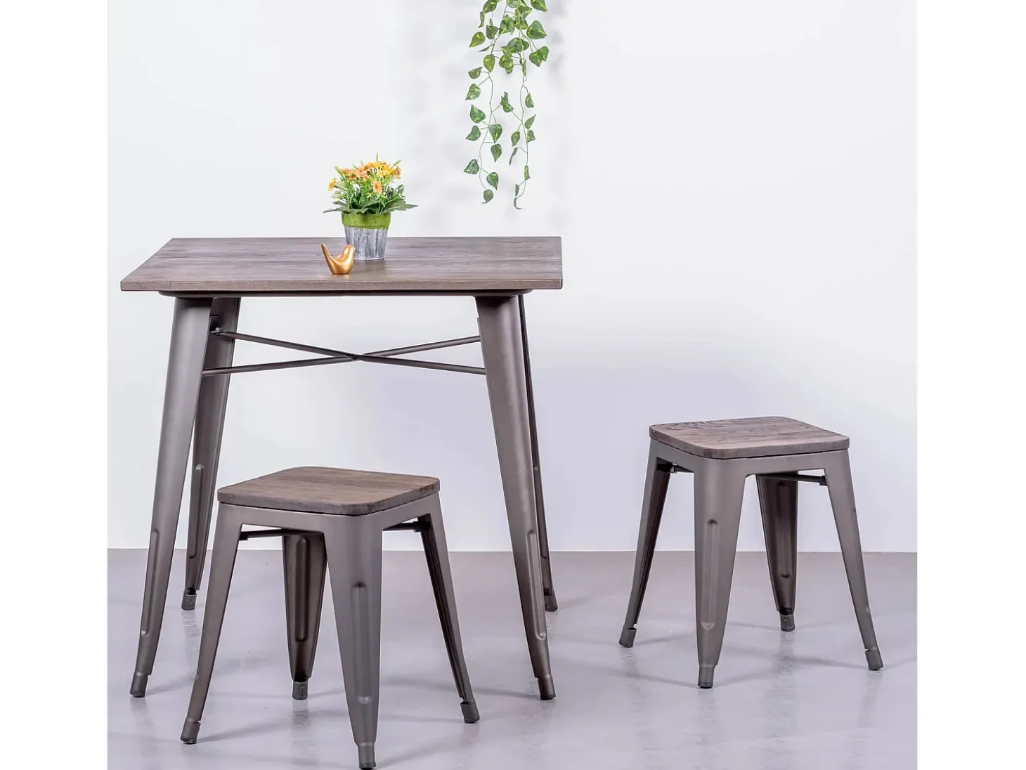 Taburete bajo industrial en acero envejecido y asiento de madera (45cm) - Bistro - Antique
