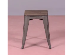Taburete bajo industrial en acero envejecido y asiento de madera (45cm) - Bistro - Antique