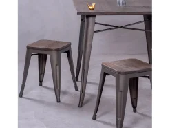 Taburete bajo industrial en acero envejecido y asiento de madera (45cm) - Bistro - Antique
