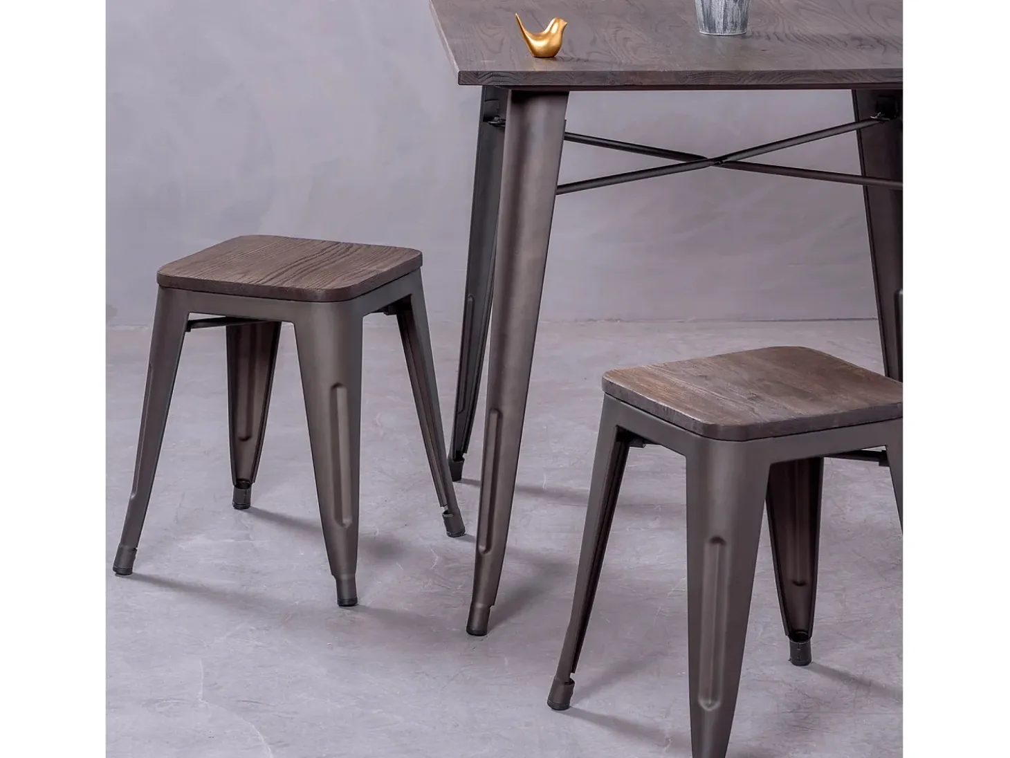 Taburete bajo industrial en acero envejecido y asiento de madera (45cm) - Bistro - Antique