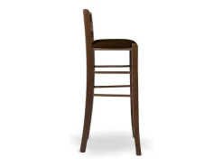 Taburete de 80 cm de altura en madera de nogal oscuro con asiento acolchado en piel sintética marrón.