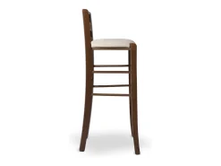 Taburete de 80 cm de altura en madera de nogal oscuro con asa y asiento acolchado en polipiel beige.