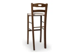 Taburete de 80 cm de altura en madera de nogal oscuro con asa y asiento acolchado en polipiel beige.