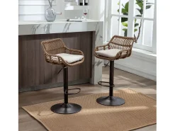 Taburete de bar ajustable, juego de 2, con reposapiés, lino, beige (49 x 48 x 89 cm)