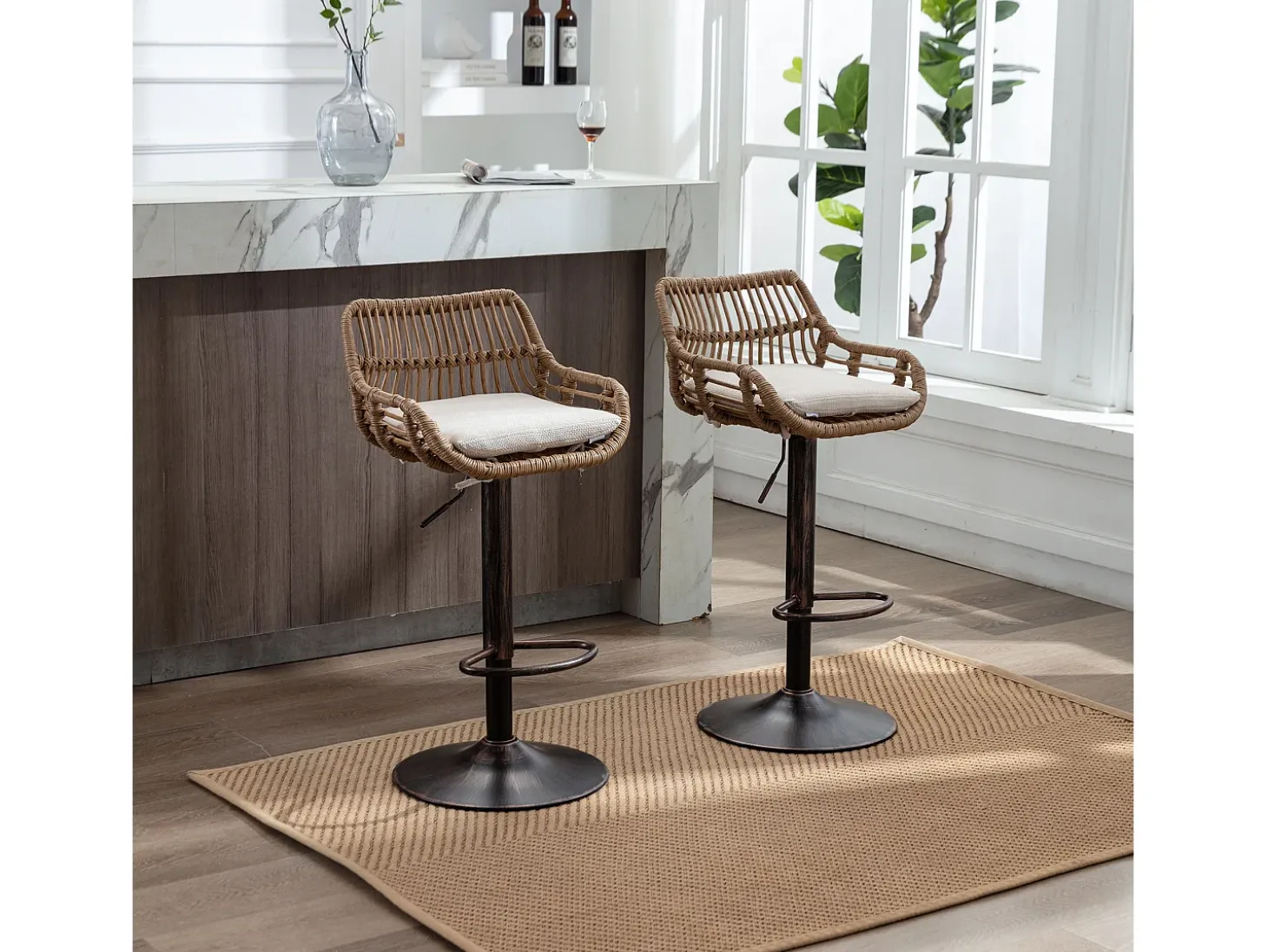 Taburete de bar ajustable, juego de 2, con reposapiés, lino, beige (49 x 48 x 89 cm)