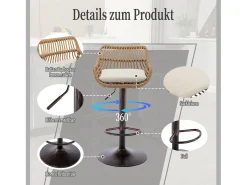 Taburete de bar ajustable, juego de 2, con reposapiés, lino, beige (49 x 48 x 89 cm)