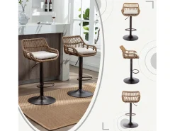 Taburete de bar ajustable, juego de 2, con reposapiés, lino, beige (49 x 48 x 89 cm)