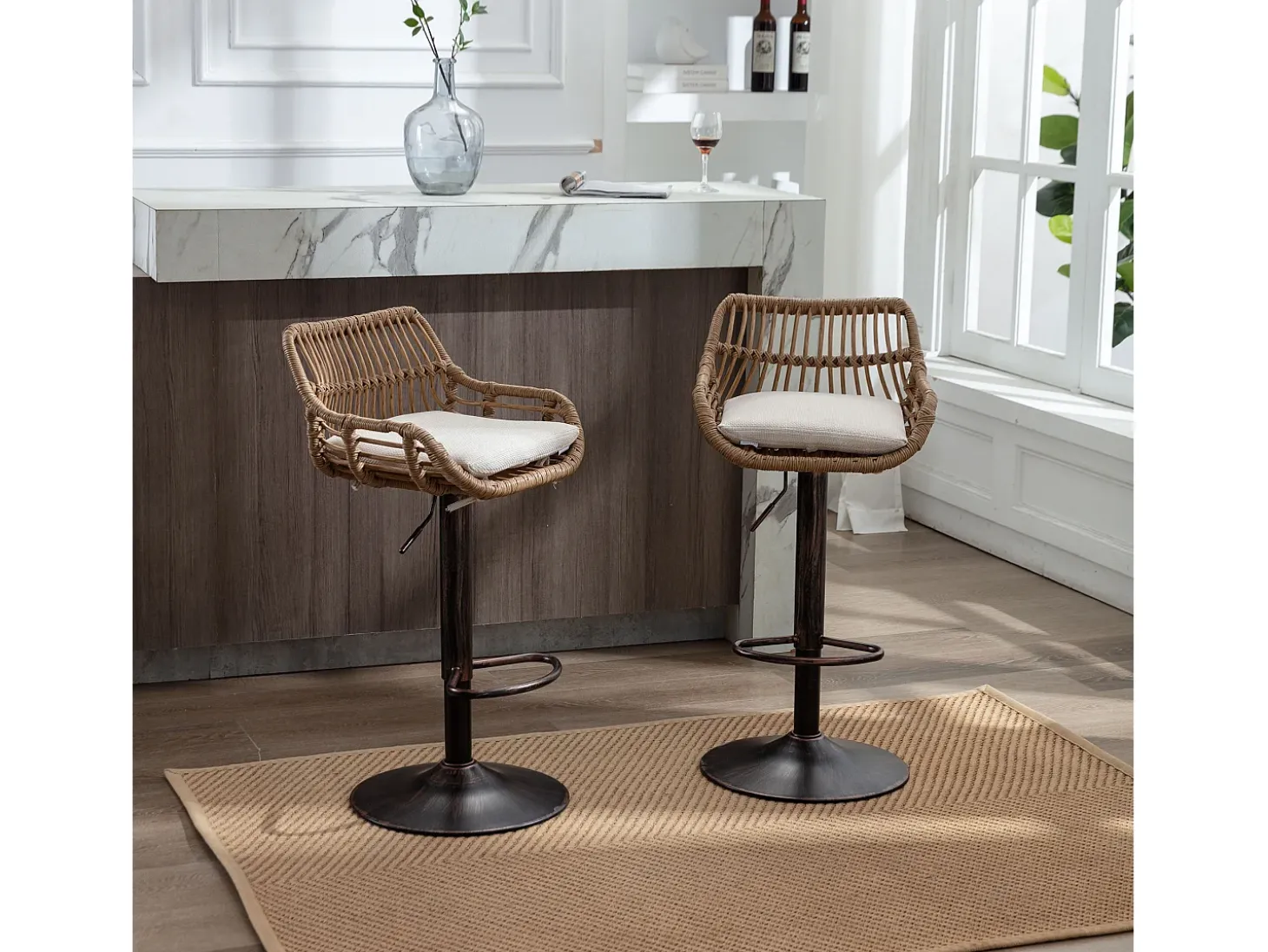 Taburete de bar ajustable, juego de 2, con reposapiés, lino, beige (49 x 48 x 89 cm)